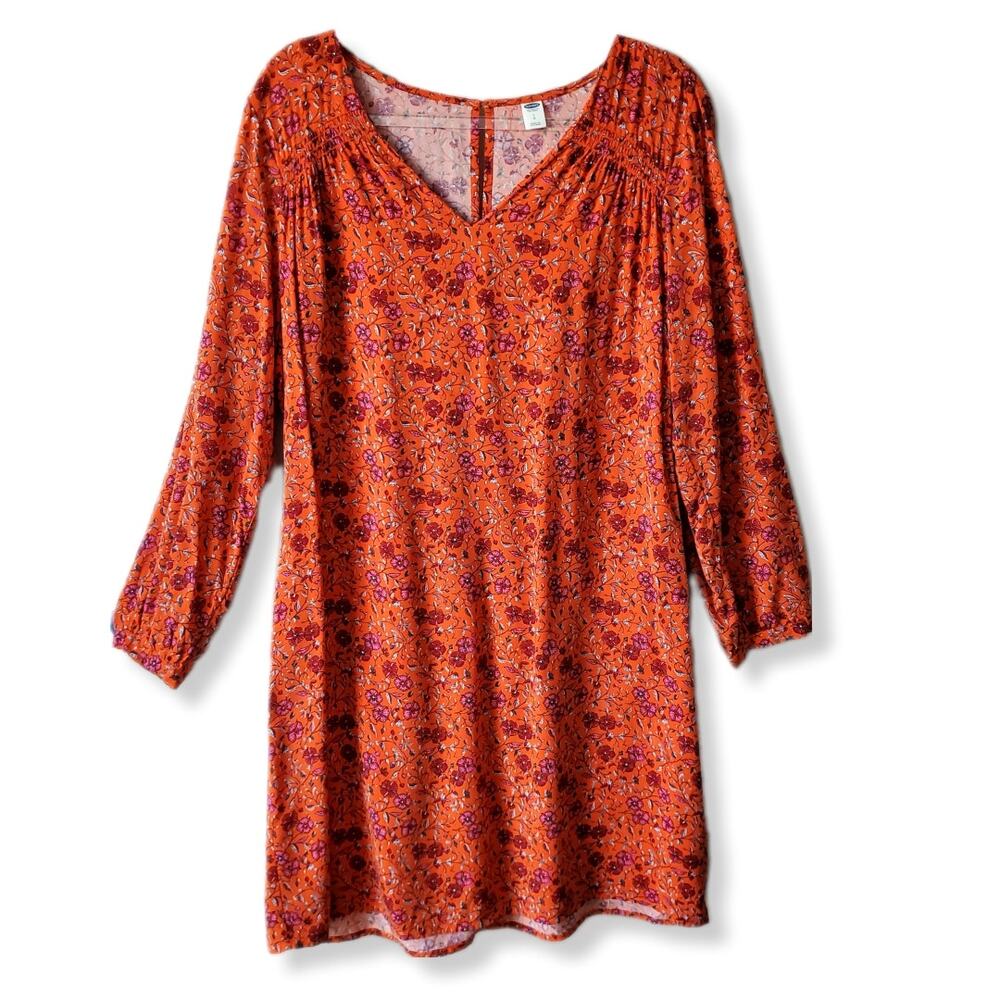 Orange Boho Floral Mini Shift Dress L Colorful Casual Classic Normcore Fairy